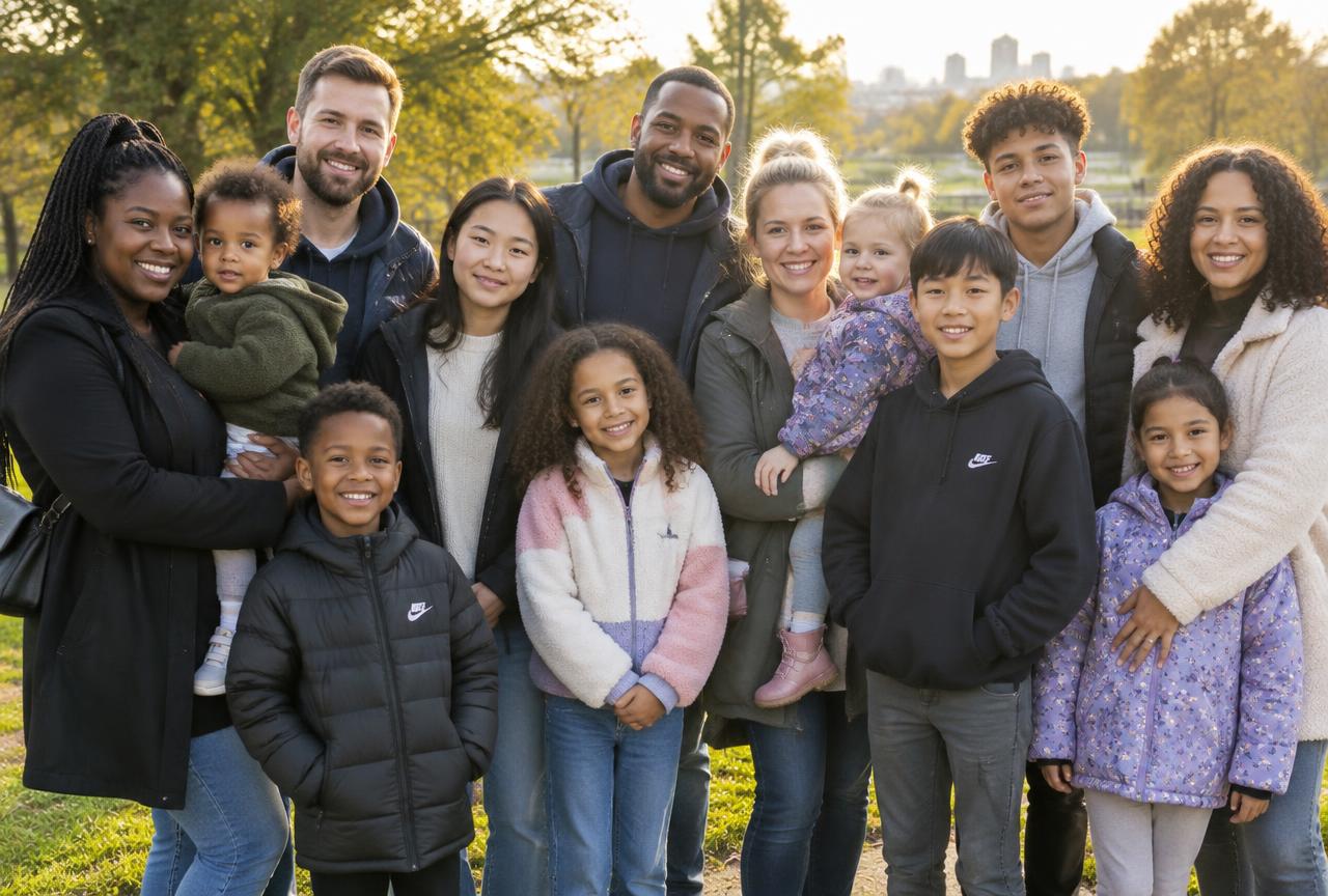 Single mothers and single fathers of different backgrounds with their children in a park