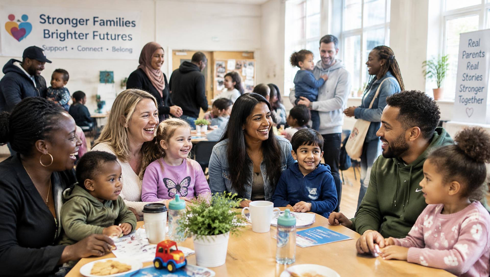 Single mothers and single fathers of different backgrounds with their children at a community gathering