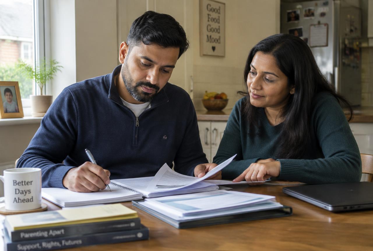 A single father organising case papers with support at his kitchen table